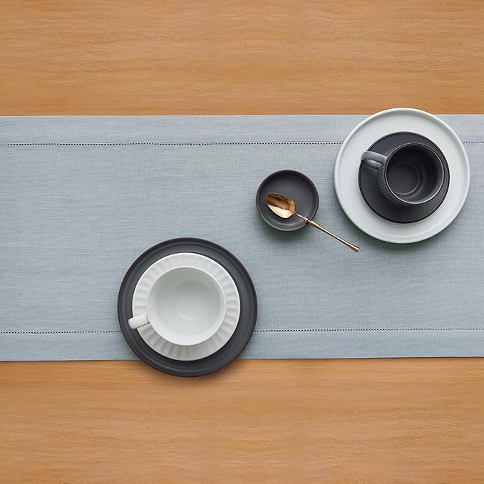 Solino Home Linen Table Runner 120 Inches Long - 100% Pure Linen Dusty Blue Table Runner 14 x 120 Inch - Classic Hemstitch