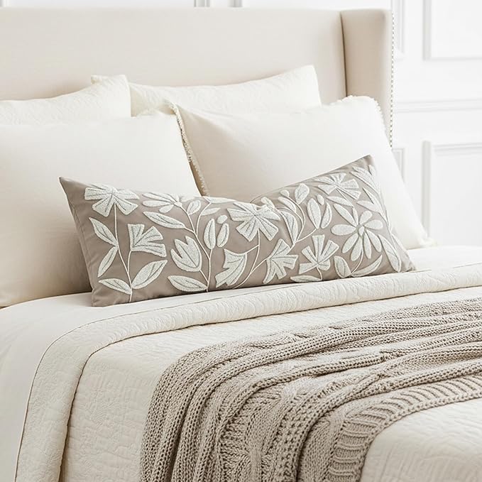 BlissBlush Taupe Velvet Decorative Lumbar Pillow Cover 14x36, Neutral Brown Soft Long Body Pillow for Bed, Accent Lumbar Throw Pillow for Bedroom, Modern Farmhouse Textured Pillowcase