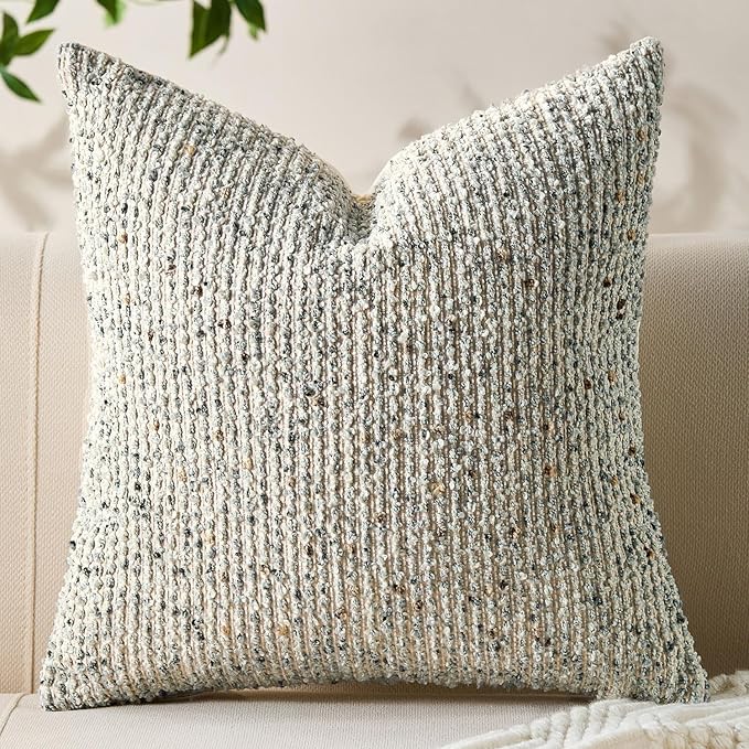 Decorative Couch Throw Pillow Covers 20x20 Cream Gray Striped Soft Wool Pillow Covers Neutral Textured Boho Cushion Covers for Modern Farmhouse Sofa Bedroom Living Room Decor SY011-B20