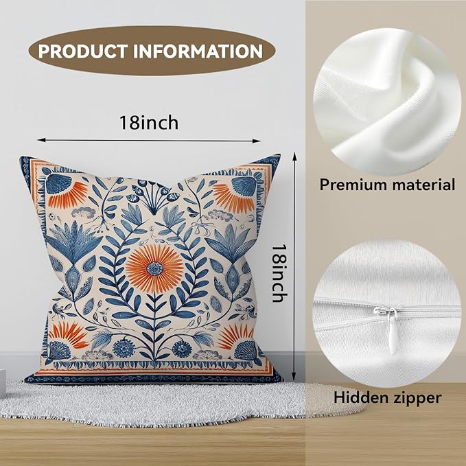 Vintage Boho Floral Print Throw Pillow Cover, Orange, Blue - Retro Rust Floral Decor Pillowcase, Indoor Outdoor Cushion Case for Sofa Couch Bed Living Room Bedroom Home (Blue&Orange, 18x18inch)