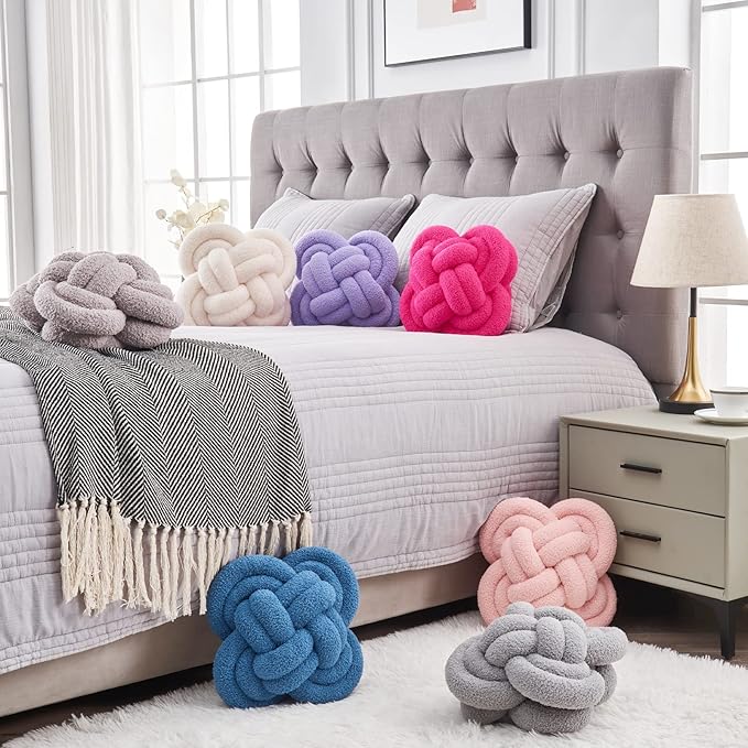 Xiashrk Knot Pillow Ball, 12" Soft Decorative Throw Pillows for Couch Bed, Navy Blue Knotted Plush Throw Pillow Handmade Square Cushion Home Couch Decor Pillows for Living Room