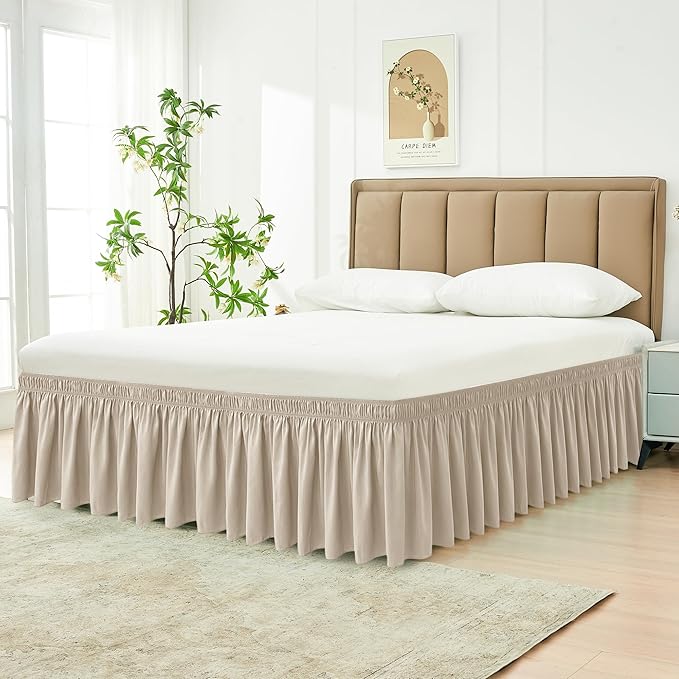 Biscaynebay Wrap Around Bed Skirts for King & Cal King Beds 11" Short Drop, Light Camel Adjustable Elastic Dust Ruffles Easy Fit Wrinkle Resistant Silky Luxurious Fabric Machine Washable
