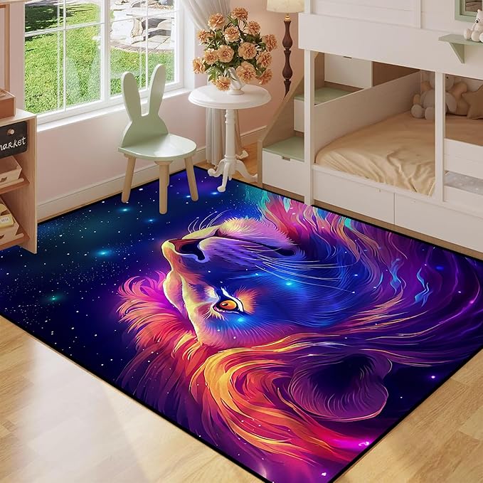 Galaxy Lion Rug Large 3D Fierce Lions Area Rugs for Kids Bedroom Living Room Playroom Gameroom Boys Glitter Carpet Throw Rugs Floor Mat 71 in x 47 in