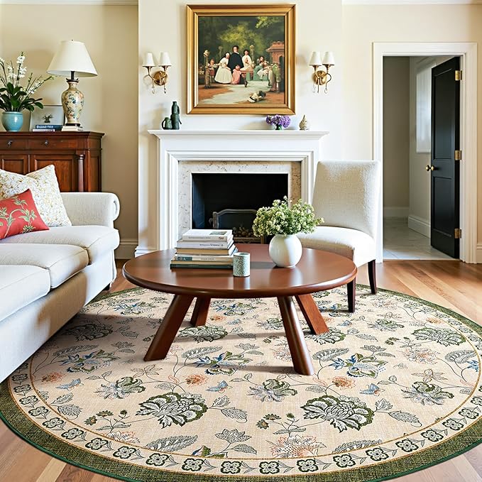 jinchan Elora 7ft Floral Round Rug for Washable Living Room Rug Vintage Romance Christmas Design Non Slip Indoor Floor Cover Lightweight Low-Profile Throw Carpet for Porch Patio, Green/Beige