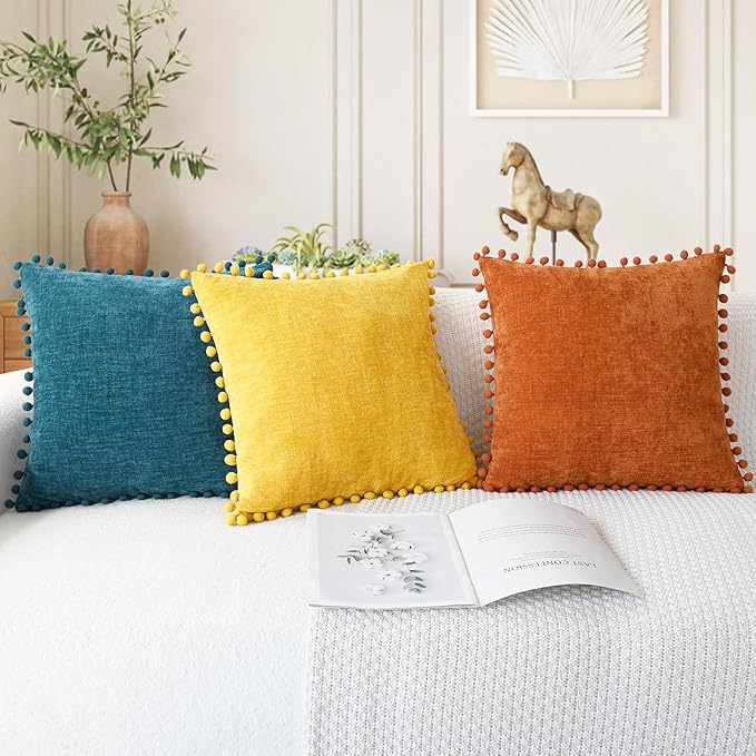 CaliTime Throw Pillow Covers Decorative 18 X 18 Inches Pack of 2 Cozy Solid Dyed Soft Chenille Cushion Cases with Pom Poms for Couch Sofa Bed Living Room Home Mustard Yellow