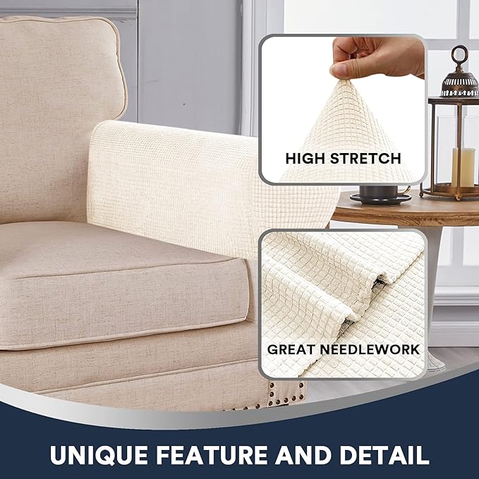 Stretch Sofa Armrest Covers Spandex Jacquard Arm Covers for Chairs and Sofas Anti-Slip Couch Armrest Covers with Sticker Furniture Armrest Protector for Sofa Couch Chair Recliner, Set of 2, Beige