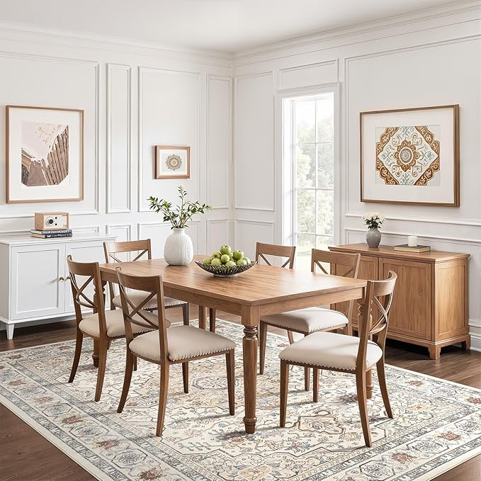 10x14 Area Rugs Living Room: Washable Boho Large Neutral Vintage Soft Rug Stain Resistant Farmhouse Non Slip Indoor Floor Carpet for Bedroom Nursery Kids Playroom Office Dining Room- Cream Blue