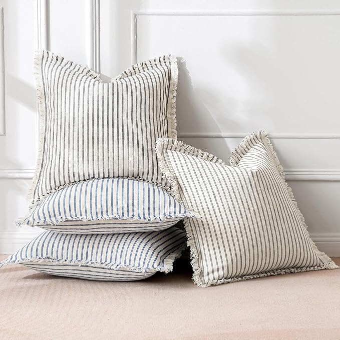 MIULEE Pack of 2 Black Pillow Covers 22x22 Inch Striped Farmhouse Couch Throw Pillow Covers with Fringe Chic Linen Decorative Cushion Covers for Sofa Living Room Bed Outdoor Home Decor