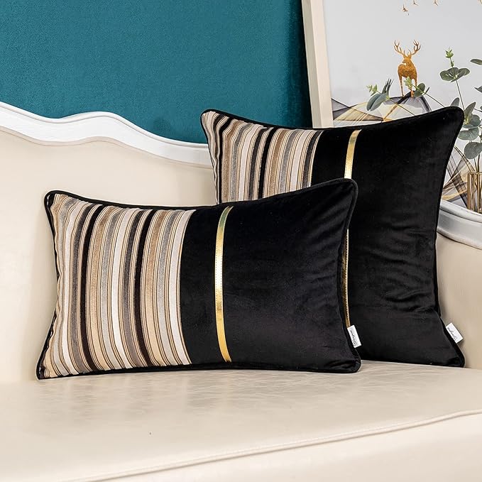 Yangest Black Striped Patchwork Throw Pillow Cover Gold Leather Cushion Cover Zippered Rectangular Pillowcase for Sofa Couch Bedroom Living Room Home Decoration, 12x20 Inch