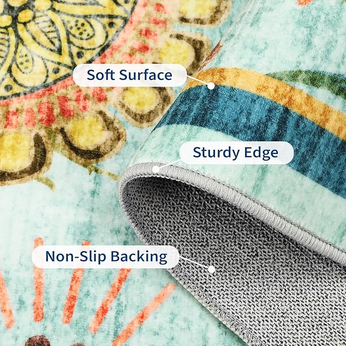 GarveeHome 9x12 Floral Washable Area Rug: Large Living Room Area Rug with Non-Slip Backing Washable Ultra Soft Bedroom Floral Carpet Indoor Stain Resistant Carpet for Dining Room 9 * 12 ft Light Blue