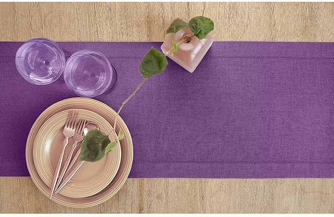Solino Home Linen Purple Table Runner 132 Inches Long - 100% Pure Linen Extra Long Table Runner 14 x 132 Inch for Christmas, New Year - Classic Hemstitch