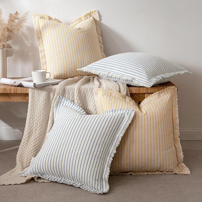 MIULEE Pack of 2 Yellow Pillow Covers 26x26 Inch Striped Farmhouse Couch Throw Pillow Covers with Fringe Chic Cotton Decorative Cushion Covers for Summer Sofa Living Room Bed Outdoor Home Decor