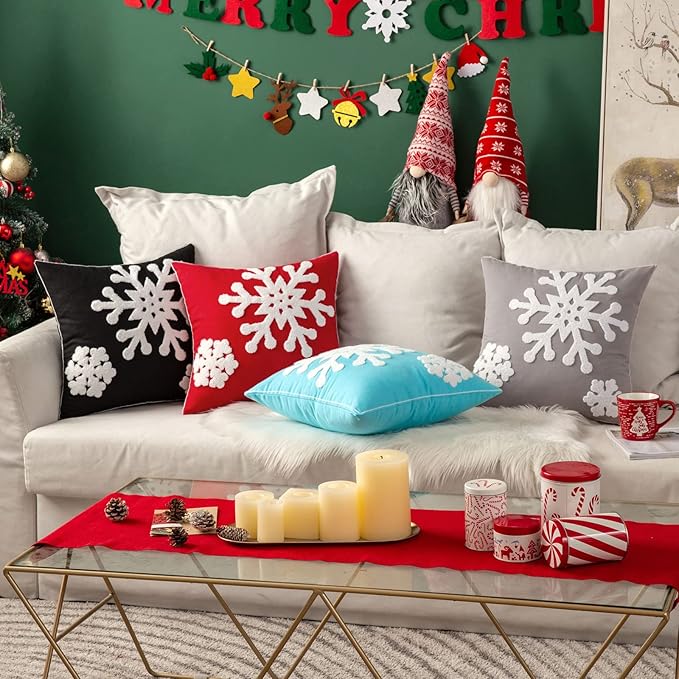 MIULEE Pack of 2 Christmas Decorative Snowflake Throw Pillow Covers Canvas Embroidery Winter Cushion Cases Holiday Decor Soft Pillowcases for Winter Couch Sofa Bedroom Car（Black, 16x16in）