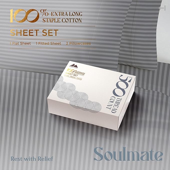 Mayfair Linen 100% Cotton Striped Sheets Split King Size Bed Set - 500 Thread Count Damask Split King Sheets for Adjustable Bed, 5 PC Set (Dark Grey Stripe), Cooling, Sateen 16" Deep Pocket Bedsheet