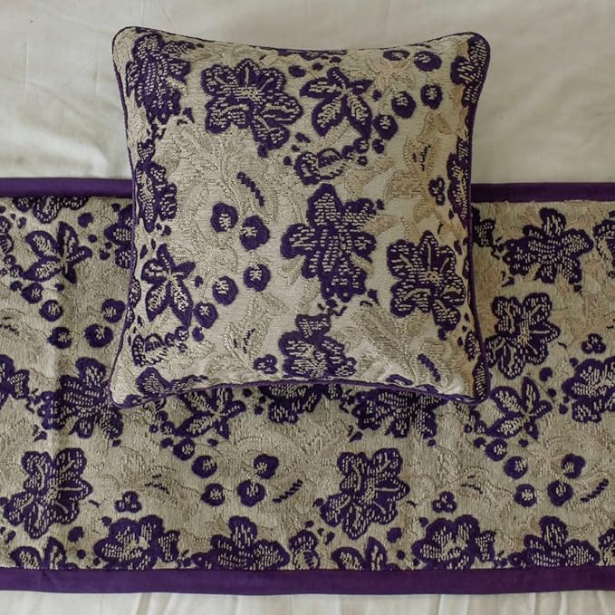 The HomeCentric King/Queen/Twin Purple Designer Queen 74"x18" Bed Runner with 2 Pillow Cover, Floral, Velvet Bed Scarf on Velvet Fabric - Plum Petal