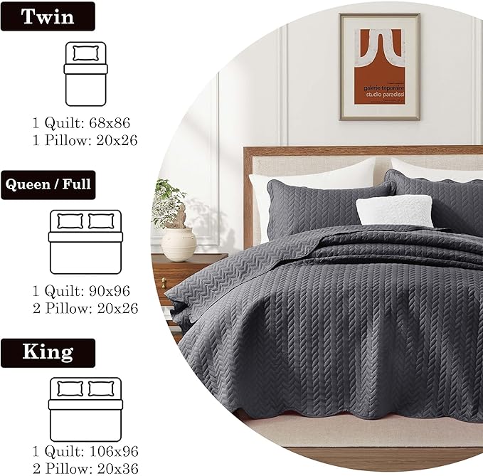 IR Imperial Rooms Twin Quilt Bedding Set Size (68” x 86”) + 1 Pillow Shams (20” x 26” + 2”) - 2 Pcs All Season Lightweight Reversible Microfiber Coverlet Embossed Quilt Bedspread (Charcoal)