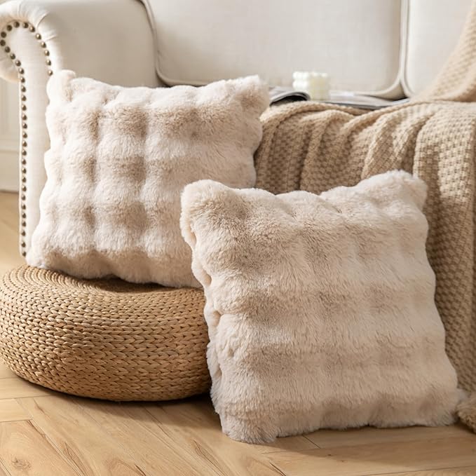 Pack of 2 Thick Plush Throw Pillow Covers Fluffy Wave Faux Fur Decorative Cushion Covers Soft Wool Pillowcase for Sofa Couch Livingroom 20x20 Inch Beige