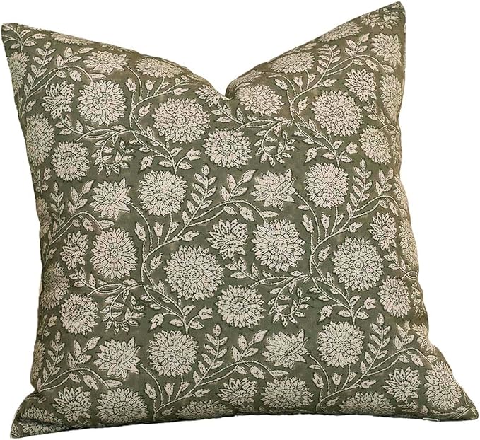 Amor Virisso Floral Pillow Covers 18x18 Throw Pillow Covers Vintage Block Print Pillow Cover Neutral Couch Pillows for Living Room Farmhouse Decorative Accent Sofa Pillows, Dusty Green