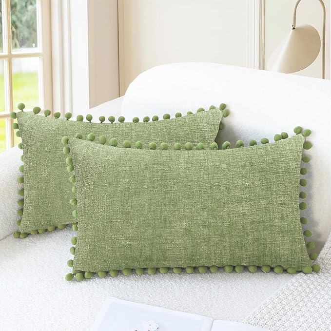 CaliTime Throw Pillow Covers Decorative 20 X 12 Inches Pack of 2 Cozy Solid Dyed Soft Chenille Cushion Cases with Pom Poms for Couch Sofa Bed Living Room Home Sage