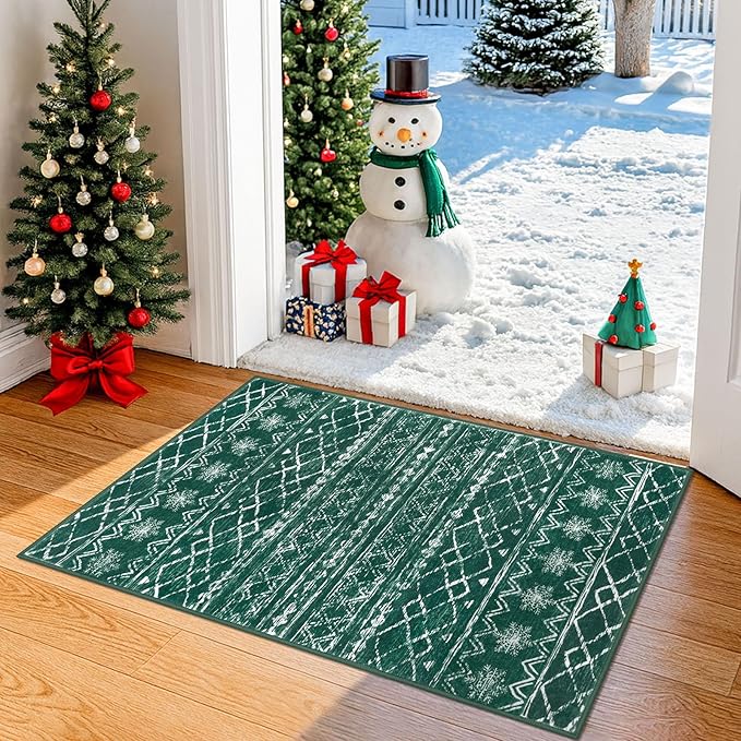 KUTA Christmas Rugs for Entryway, Green 2x3 Entrance Small Area Rug Non-Slip Washable, Ultra Soft Vintage Geometric Low-Pile Indoor Door Mat Floor Carpet for Kitchen