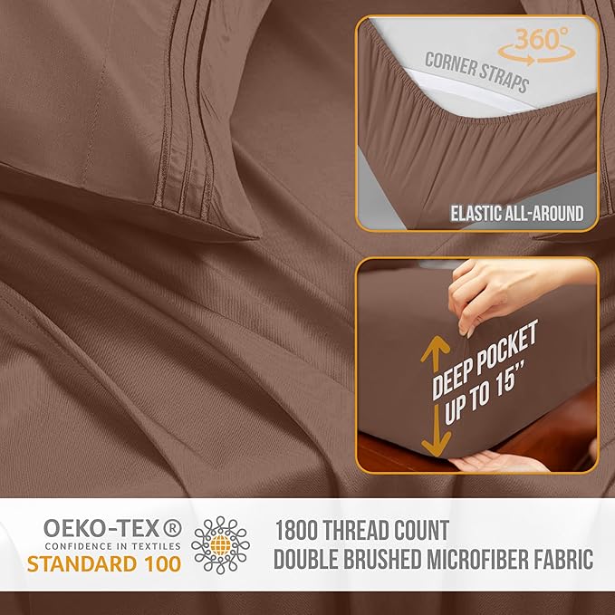 Full Size Bed Sheets Cooling - Luxury Hotel Sheet Set - Soft Sheets with Elastic Corner Straps - Deep Pocket Microfiber Bedsheets - Bedding Sheet & Pillowcases - 4 PC (Full Size, Brown)