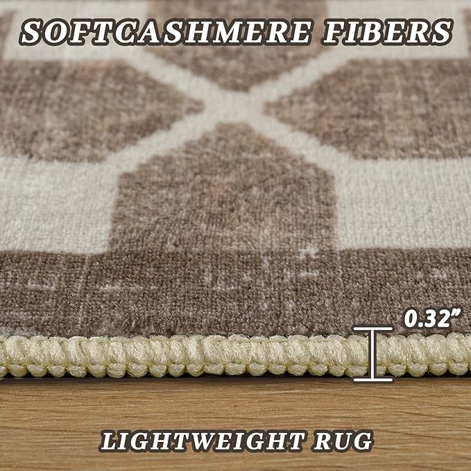 Area Rugs 6x9 Washable Rug, Non-Slip Rugs for Living Room, Low Pile Bordered Rugs Alfombras, Large Print Rubber Backing Indoor Carpet for Home Decor Bedroom Nursery Dining Room, Brown