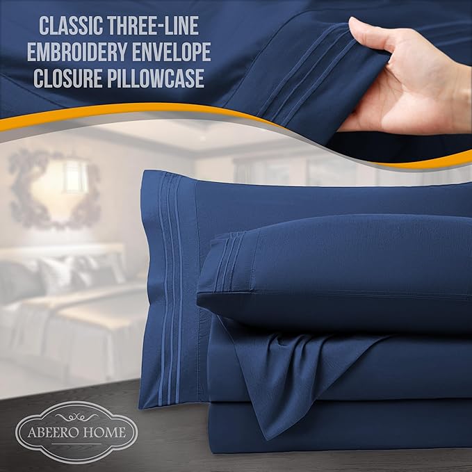 California King Sheet Set - Luxury Hotel Bed Sheet - Soft Cooling Sheets with Elastic Corner Straps - Deep Pocket Microfiber - Bedding Sheets & Pillowcases -4PC (Cal King Size, Navy Blue)