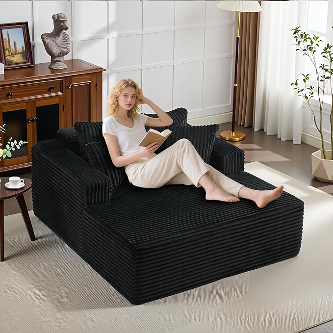 61" Oversized Chaise Lounge Chair Indoor, Boneless Couch Cloud Fluffy Chaise Lounges Corduroy Upholstered Sofa Bed w/Throw Pillows for Living Room Home Black