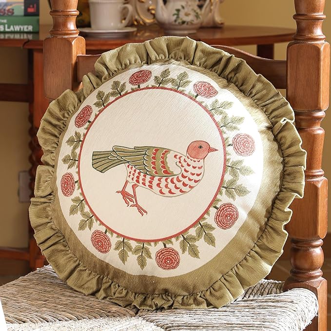 Round Throw Pillow Covers,Brown Cozy Velvet Farmhouse with Bird and Floral Pattern Pillowcases,Decoration Pillows Cushion Covers for Couch Sofa Bed Car Chair,Diameter 16"