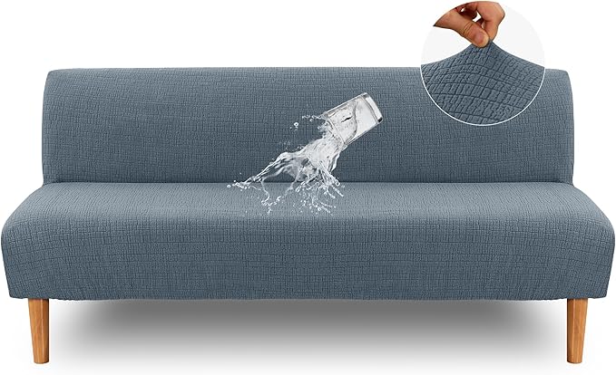 H.VERSAILTEX 100% Waterproof Stretch Futon Slipcover Armless Sofa Cover Furniture Protector Without Armrests Slipcover Soft with Elastic Bottom for Kids, Spandex Jacquard Small Checks, Stone Blue