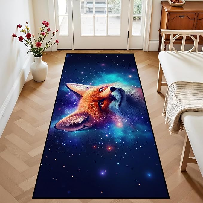 Galaxy Fox Rug 3D Cute Foxes Area Rugs for Bedroom Living Room Playroom Boys Kids Cartoon Colorful Carpet Glitter Stars Throw Rugs Floor Mat 79 in x 39 in