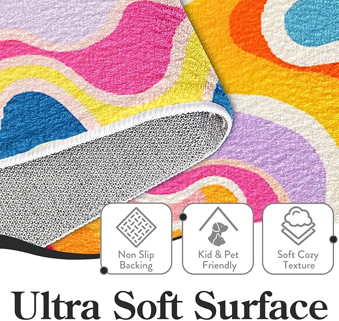 9CH Colorful Abstract Area Rug 7' X 5' 70s Aesthetic Colorful Striped Washable Faux Wool Rugs Non Slip Soft Cute Nursery Carpet for Girls Bedroom Dorm
