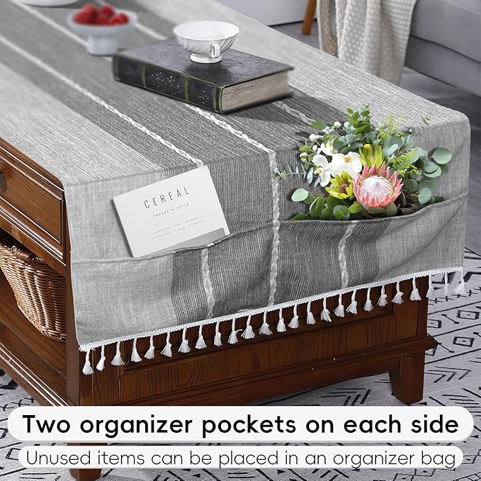 Coffee Table Cloth, Table Cover with Pockets and Tassel, Grey for Living Room Small Rectangle Tablecloths Washer Dryer Fridge Top Dust Cover,Easy Care Machine Washable