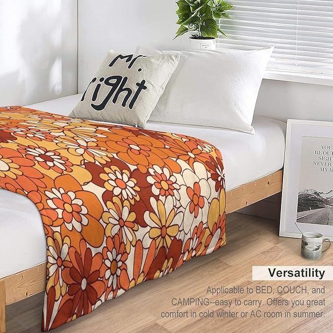 Vintage 70s Throw Blanket, Boho Hippie Bright Orange Flowers Groovy Abstract Funny Art Print Blanket for Couch Sofa Bed 60"x80"