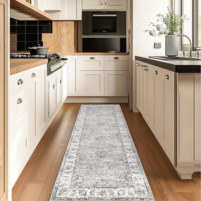 jinchan Fiora Hallway Runner Rug 2x10 Machine Washable Runner Rug Grey Vintage Floral Design Non-Slip Ultra-Thin for Kitchen Laundry Room Bedroom Farmhouse (2‘x10', Grey)