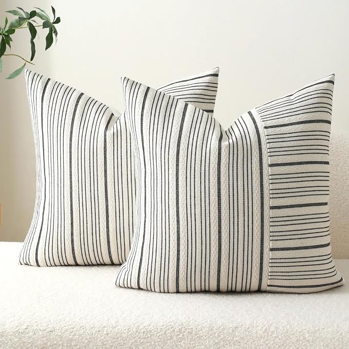 DWR Striped 3D Textured Weave Throw Pillow Covers 18x18 Set of 2, Polyester Cotton Blend in Black, Modern Farmhouse Decorative Pillow Cases for Couch Sofa Bed Living Room