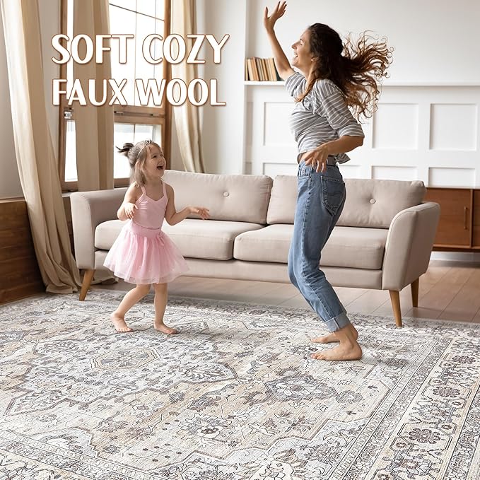 10x14 Area Rugs Living Room: Washable Boho Large Neutral Vintage Soft Rug Stain Resistant Farmhouse Non Slip Indoor Floor Carpet for Bedroom Nursery Kids Playroom Office Dining Room- Ivory Gray