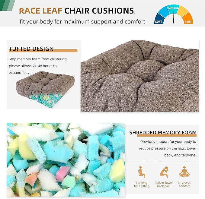 RACE LEAF Patio Chair Cushions 17x17 4 Pack, Heavy Duty Memory Foam Outdoor Cushions Water Resistant Non-Slip Bottom Tufted (Brown)