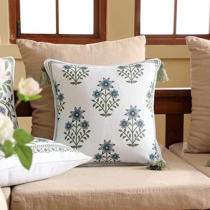 ISAENNE Design Fresh Linen Square Throw Pillow Covers 18"x18", French White Cottage Cushion Covers with Blue Floral Branches Pattern Decor Pillowcases for Bed,Living Room,Outdoor,Car