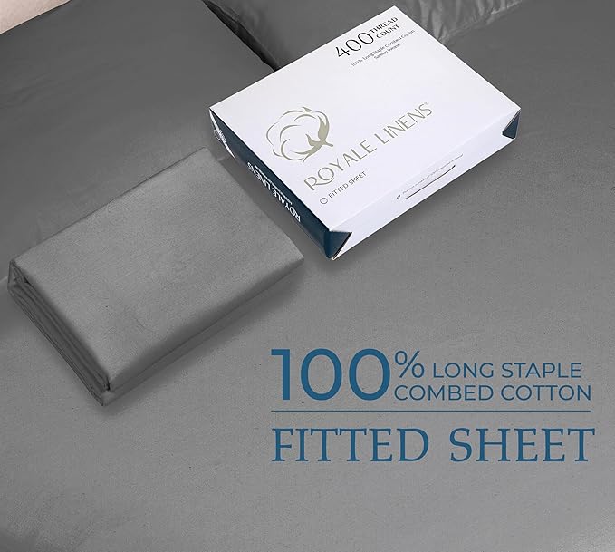 Royale Linens 400 Thread Count 100% American Grown Cotton Fitted Sheet Twin Size - All Around Elastic Fitted Sheet - Luxury Sateen Weave - Snug Fit Bottom Sheets Fit Up to 16" (Twin,Spanish Slate)