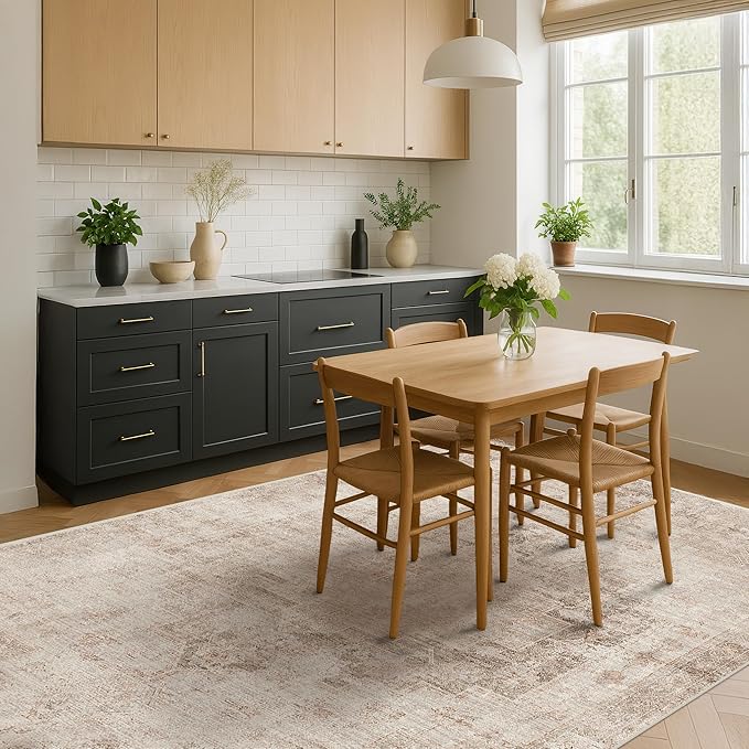 Neutral Farmhouse Area Rug for Bedroom - 7x9 Washable Rug for Dining Room Table, Ultra-Thin Soft Textured Boho Abstract Indoor Decor, Fade & Stain Resistant