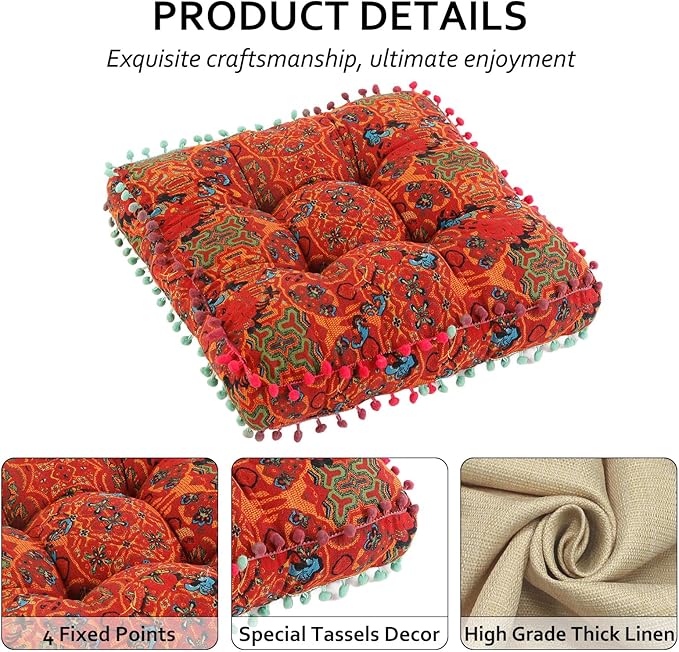 Bohemian Seat Cushion，Indoor & Outdoor 16.5" x 16.5" Seating Cushion for Dinning Chairs, Decorative with Tassels(4Pcs, Orange)