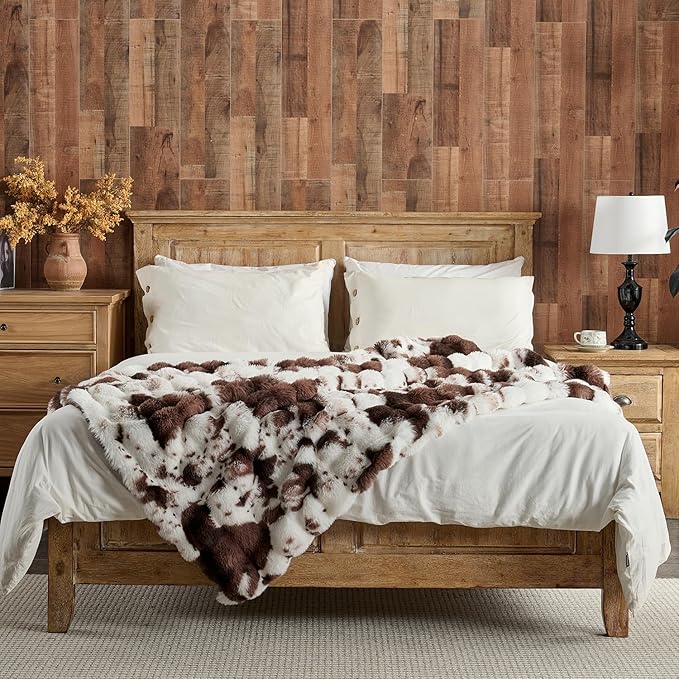 Lotus Karen Faux Fur Throw Blanket Cow Print-Dark Brown, Fluffy Fuzzy Plush Bubble Blanket for Couch, 90x90 InchesCozy Shaggy Rabbit Blanket, Luxury Decorative Gifts for Sofa Bedroom Living Room.