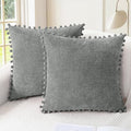 CaliTime Throw Pillow Covers Decorative 16 X 16 Inches Pack of 2 Cozy Solid Dyed Soft Chenille Cushion Cases with Pom Poms for Couch Sofa Bed Living Room Home Medium Grey