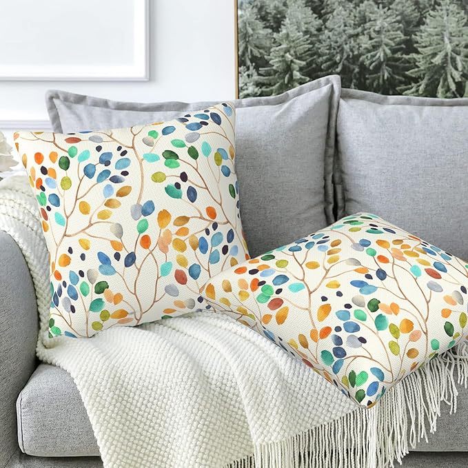 Throw Pillow Covers Colorful Leaves Spots Pillow Covers 20x20 Inch Set of 2 Boho Floral Throw Pillows Decorative Pillow Cases Cushion Covers for Bedroom Livingroom Sofa Farm House