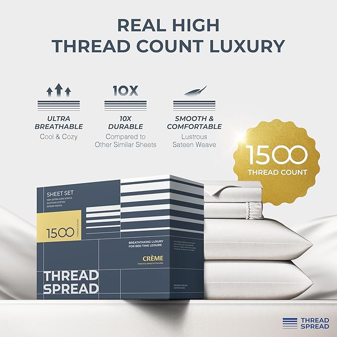 THREAD SPREAD 100% Egyptian Cotton Sheets King Size Bed Set - 4 PC 1500 Luxury High Thread Count Light Grey Egyptian Cotton King Bed Sheets, Silky Soft, Cooling, Sateen Weave, 17" Deep Pocket Bedsheet