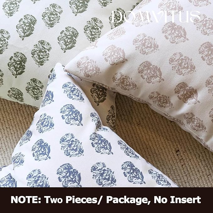 DOMVITUS Set of 2 Floral Pillow Covers 20x20, Block Print Pillow Covers Vintage Neutral Decorative Farmhouse Throw Pillow Covers for Couch Bed Living Room Dusty Blue