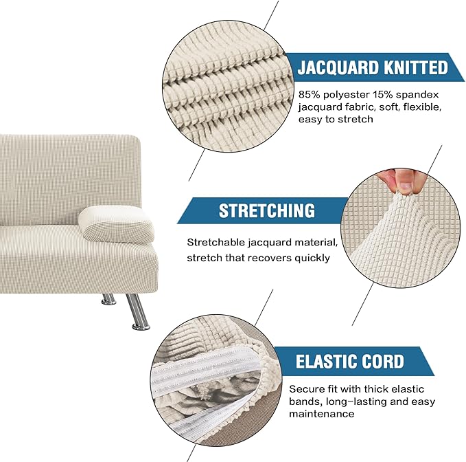 H.VERSAILTEX 4 Pieces Stretch Futon Covers Sofa Bed Slipcover with Removable Armrests and Cupholders Covers Furniture Protector High Spandex Small Checks Jacquard Fabric, Island Fossi