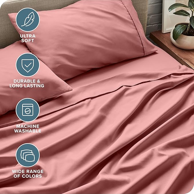 Bare Home Twin XL Sheet Set - 1800 Ultra-Soft Microfiber Twin Extra Long Sheets - Double Brushed - Deep Pockets - Easy Fit - Extra Soft - 3 Piece Set - Bed Sheets & Pillowcases (Twin XL, Dusty Rose)