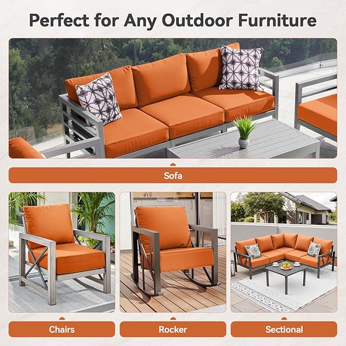 Luxury 6" Outdoor Cushions for Patio Furniture, 24x24x6" Thick Seat Cushion Set of 6, Fade Resistant Couch Chair Replacement Cushions High Density Deep Wicker Chair Cushion w/ Removable Cover, Orange